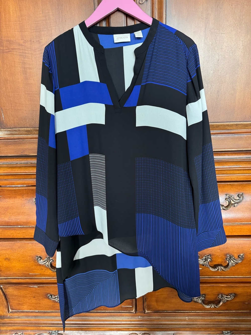 Chico's Black, Blue & Cream Asymmetrical Geometric V-Neck Tunic